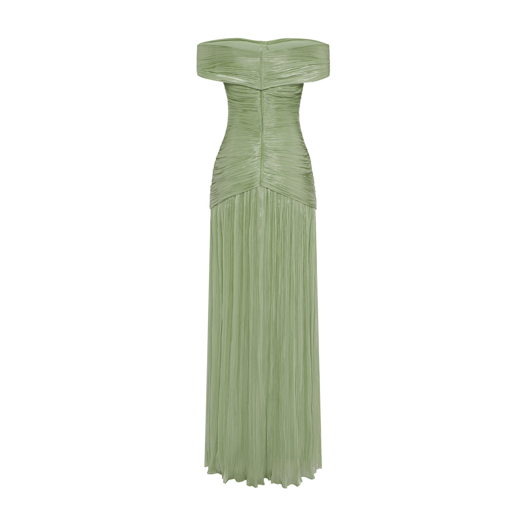 RUCHED SILK SATIN OFF SHOULDER GOWN