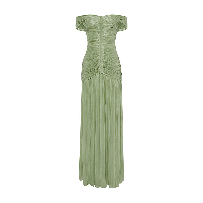 RUCHED SILK SATIN OFF SHOULDER GOWN Green / 34 / Roseya RUCHED SILK SATIN OFF SHOULDER GOWN Green / 34 / Roseya