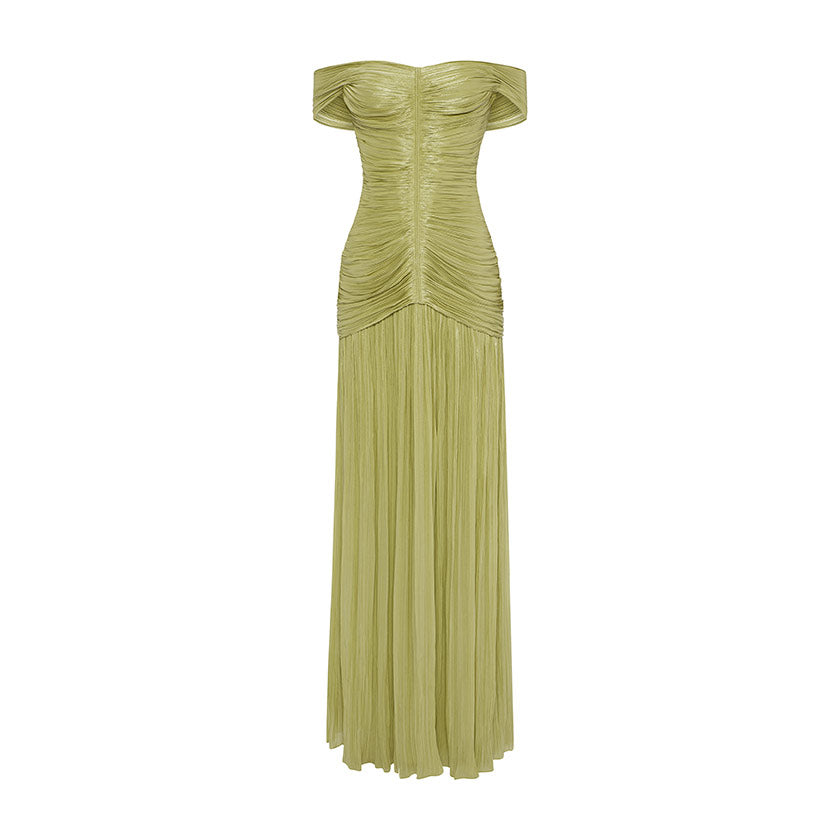 RUCHED SILK SATIN OFF SHOULDER GOWN