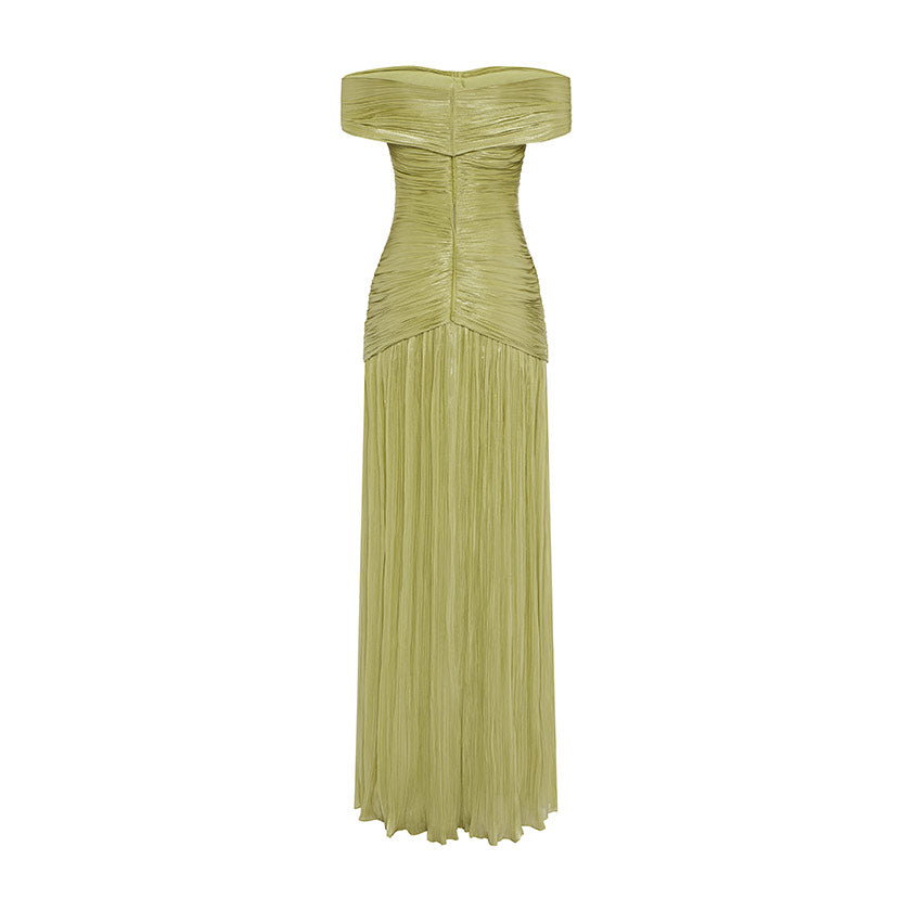 RUCHED SILK SATIN OFF SHOULDER GOWN