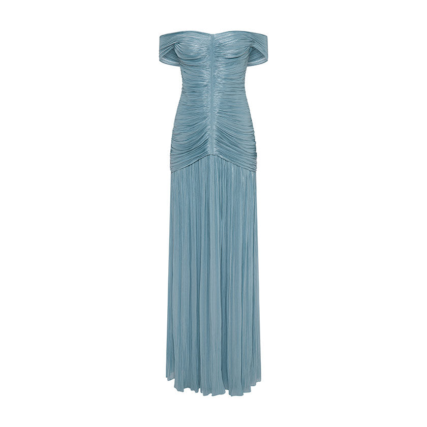 RUCHED SILK SATIN OFF SHOULDER GOWN Green / 42 / Roseya RUCHED SILK SATIN OFF SHOULDER GOWN Green / 42 / Roseya