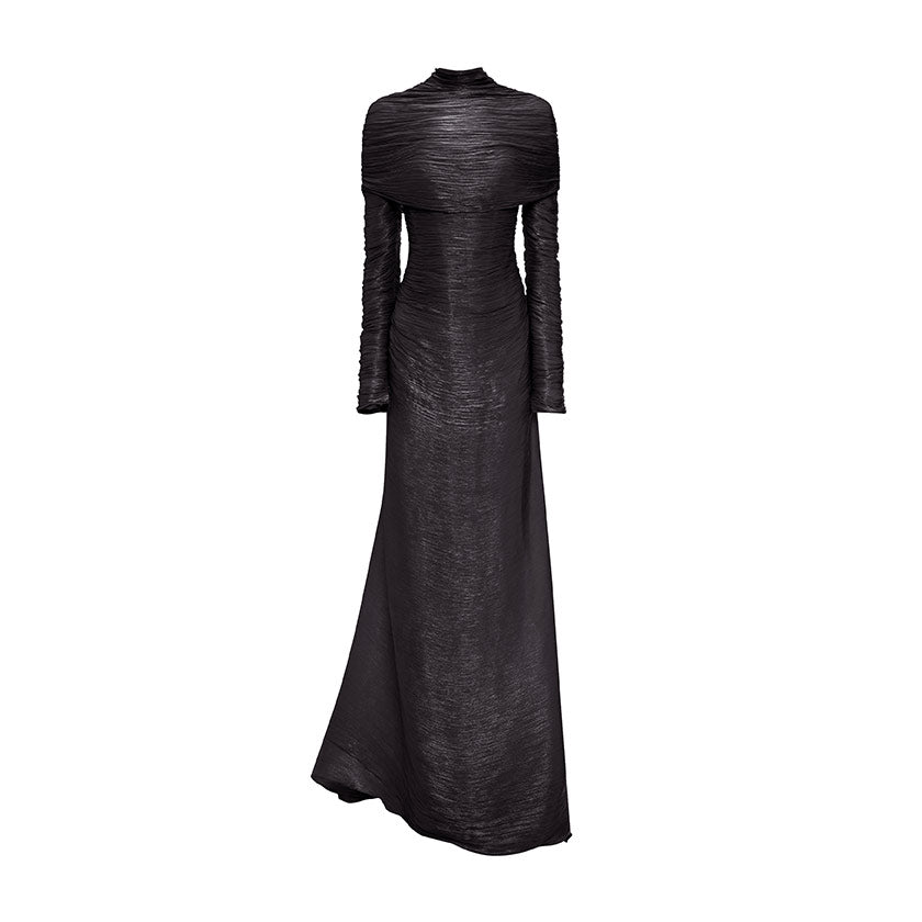 LONG-SLEEVED PLEATED GOWN WITH DETACHABLE CAPE