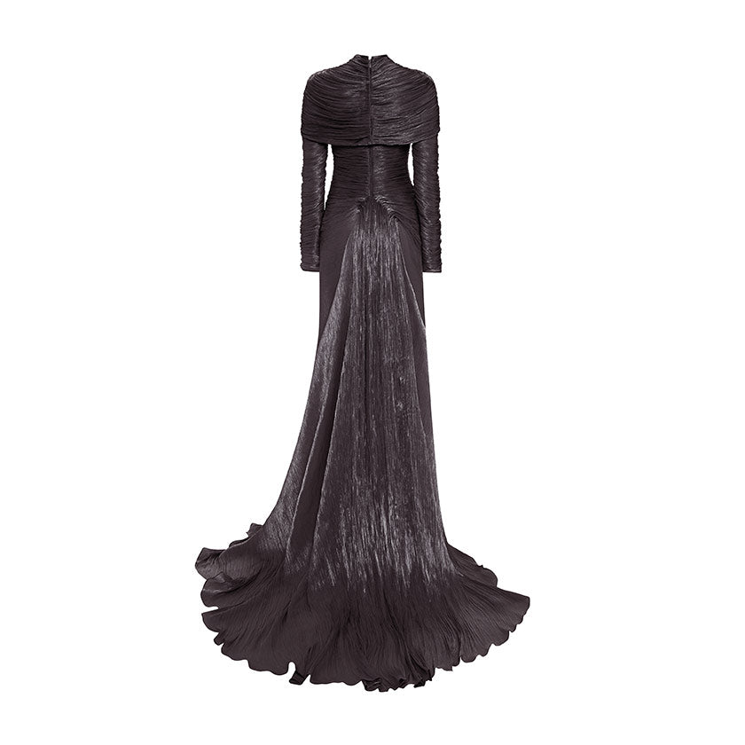 LONG-SLEEVED PLEATED GOWN WITH DETACHABLE CAPE