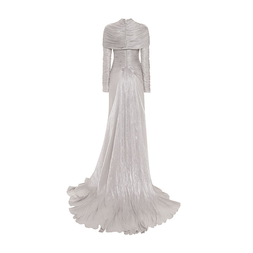 LONG-SLEEVED PLEATED GOWN WITH DETACHABLE CAPE