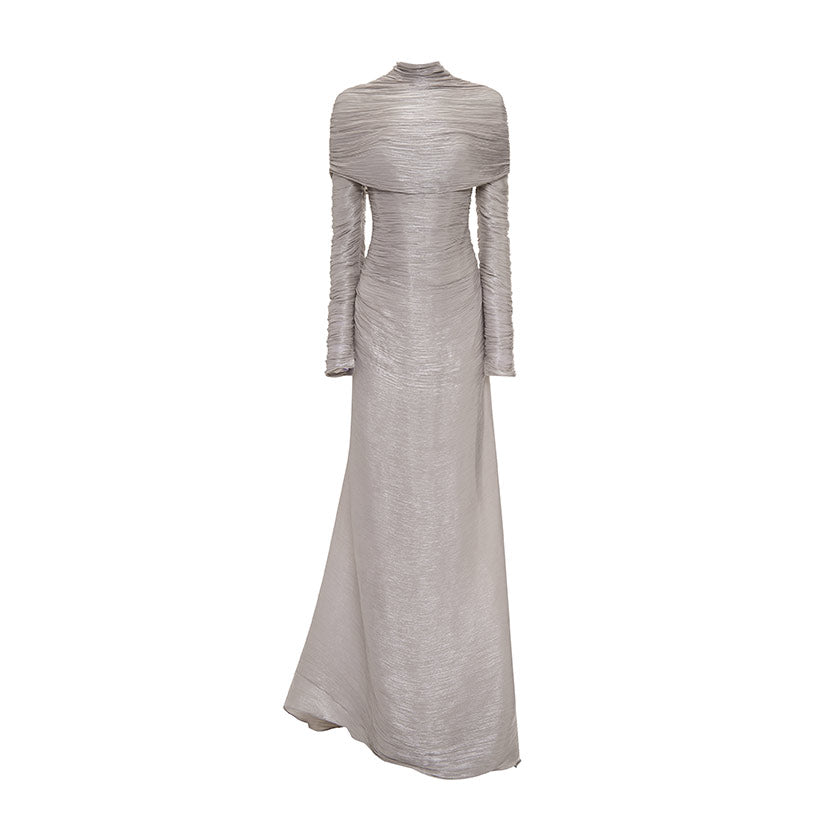 LONG-SLEEVED PLEATED GOWN WITH DETACHABLE CAPE