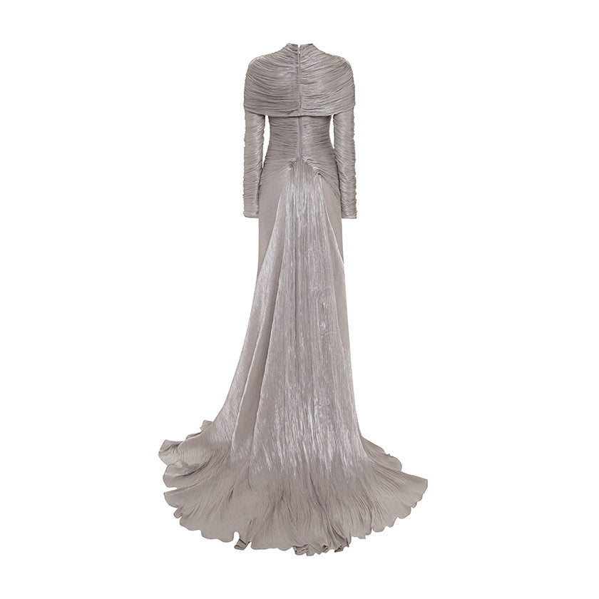 LONG-SLEEVED PLEATED GOWN WITH DETACHABLE CAPE