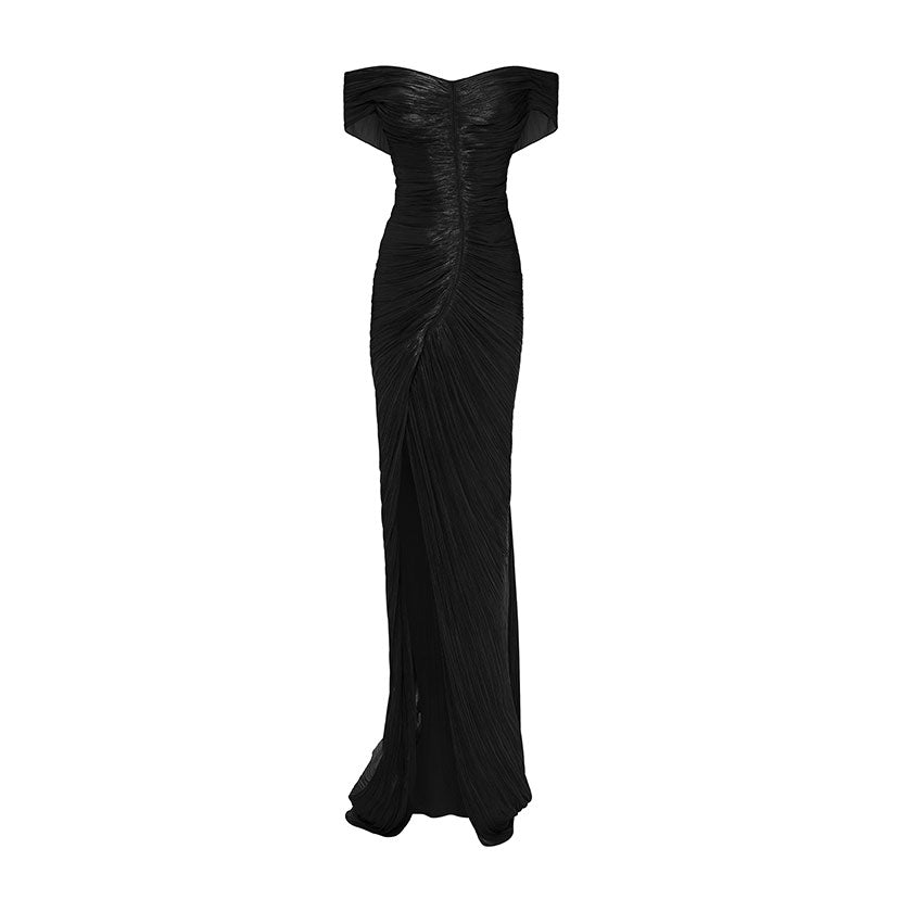 marmar halim off the shoulder dresses OFF-SHOULDER DRAPED SILKY Chiffon GOWN WITH SIDE TAIL Black / 34 / Chiffon Changert