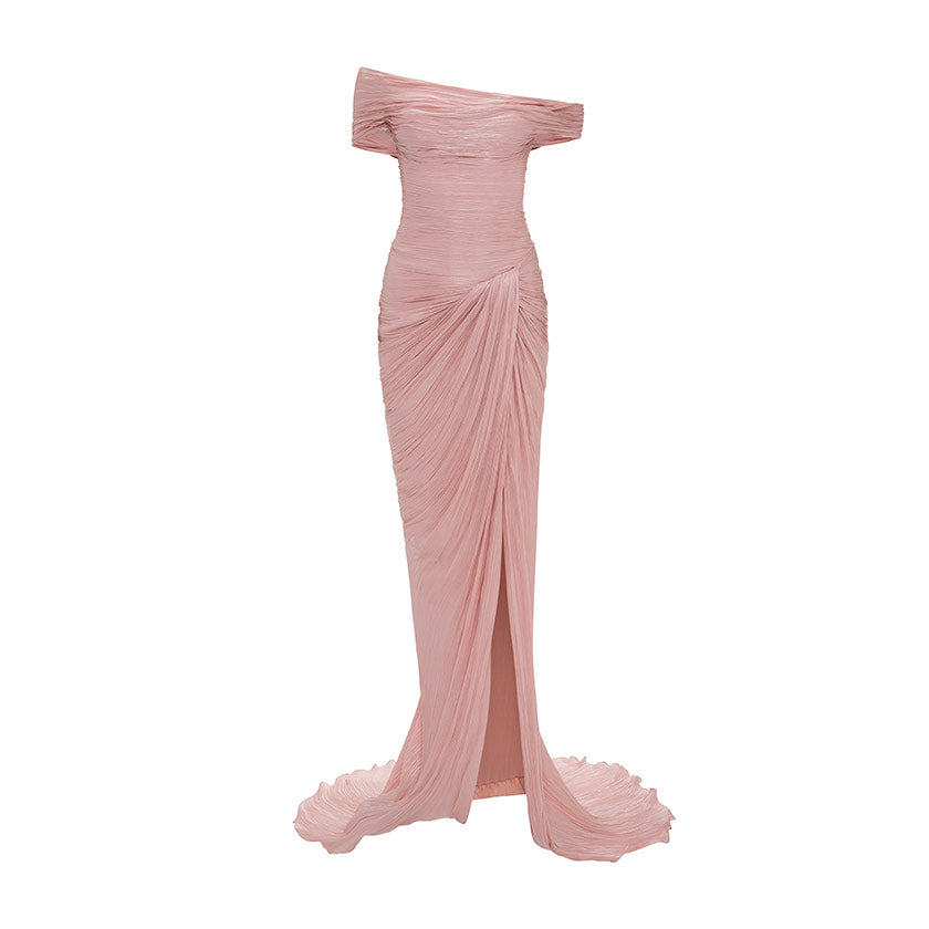 marmar halim pink dress Hand pleated draped satin-like gown with bow straps Pink / 34 / Roseya