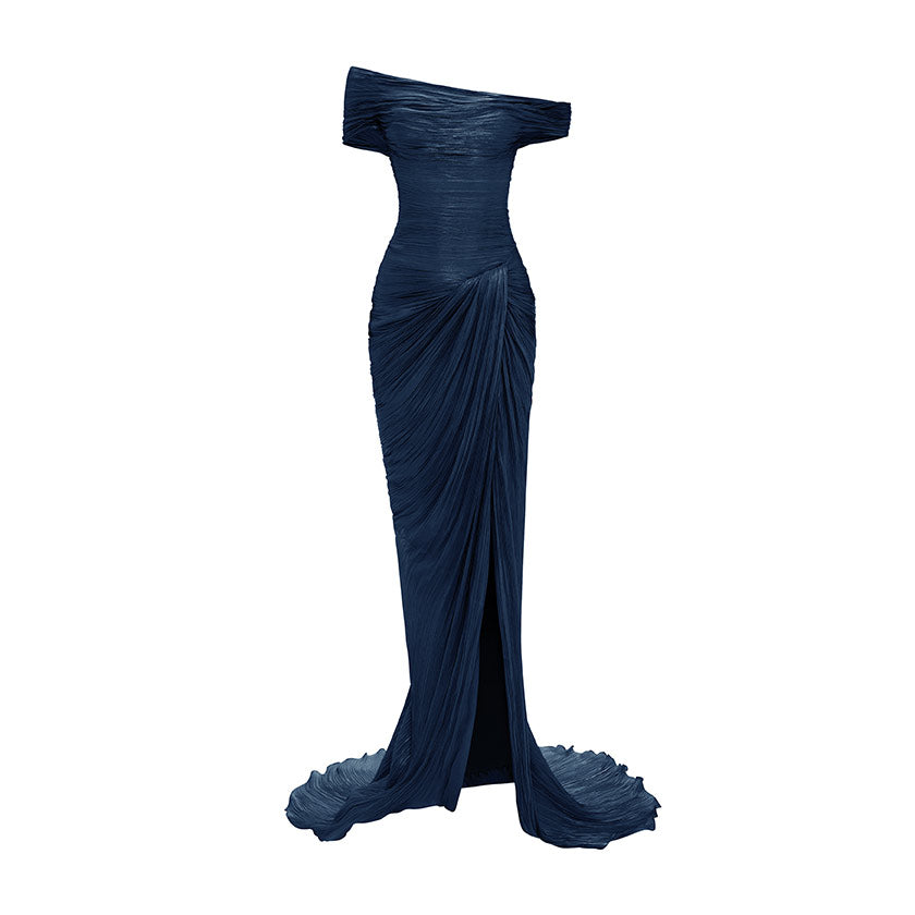 HAND PLEATED SILK WITH TWISTED SLIT GOWN