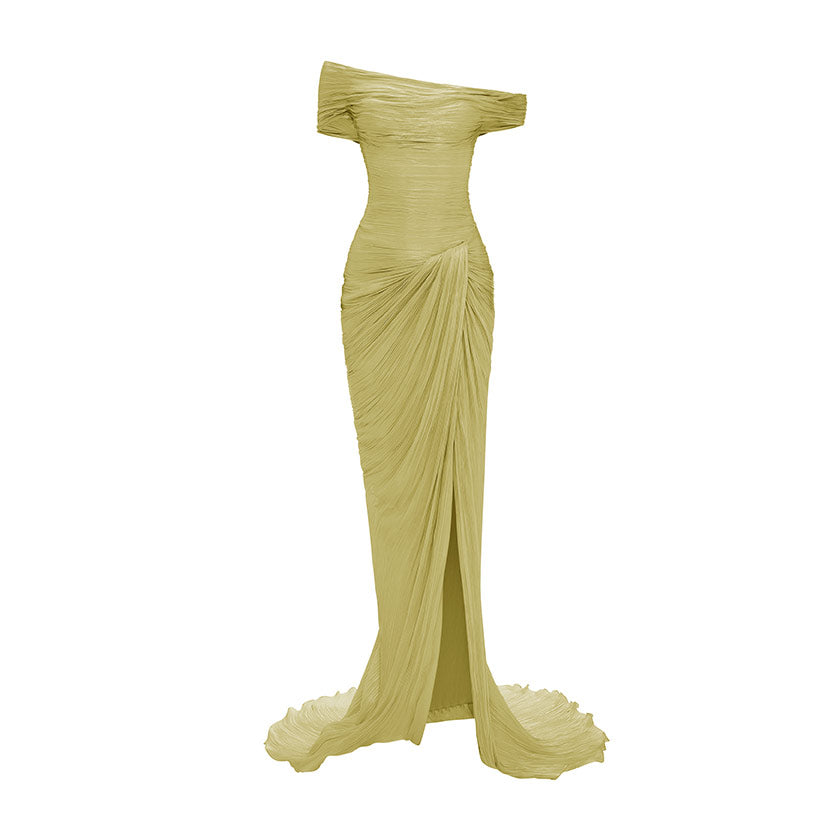 HAND PLEATED SILK WITH TWISTED SLIT GOWN