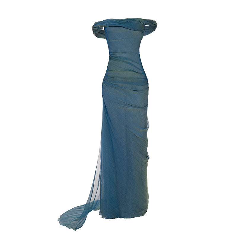 OFF-SHOULDER DRAPED SILKY CHIFFON GOWN WITH SIDE TAIL