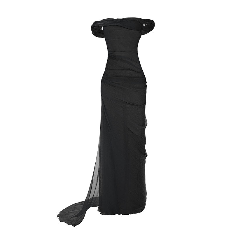 OFF-SHOULDER DRAPED SILKY CHIFFON GOWN WITH SIDE TAIL