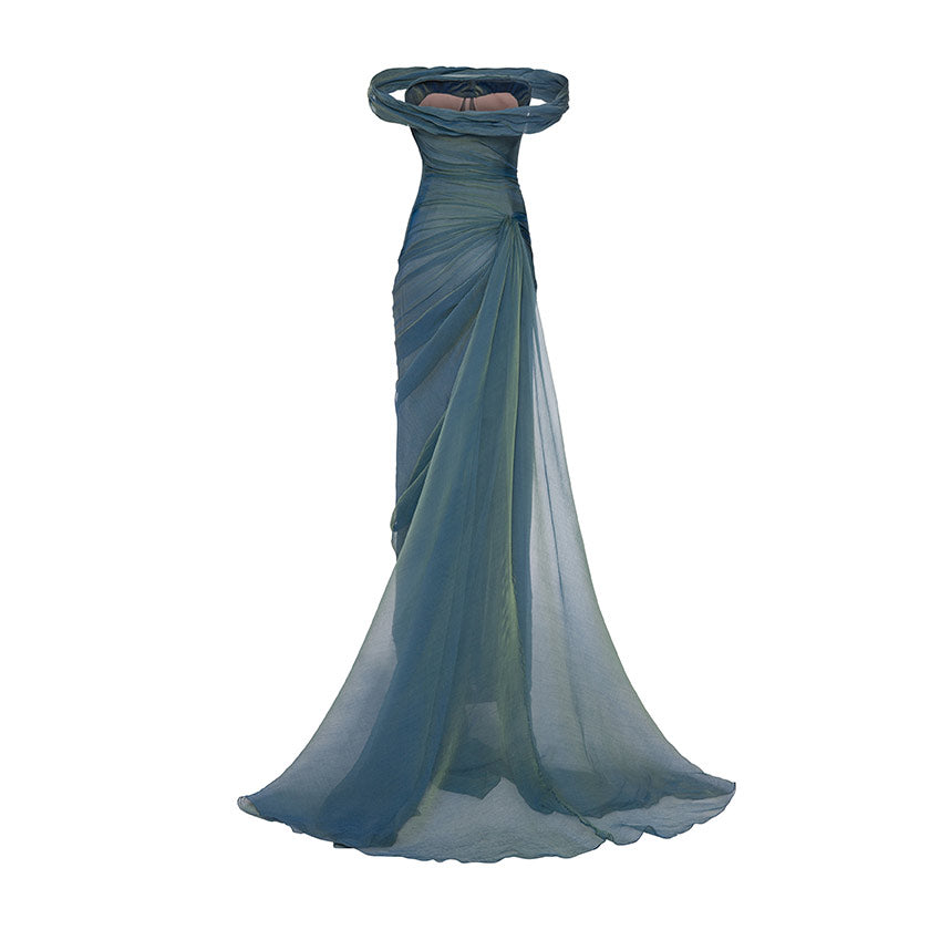 OFF-SHOULDER DRAPED SILKY CHIFFON GOWN WITH SIDE TAIL