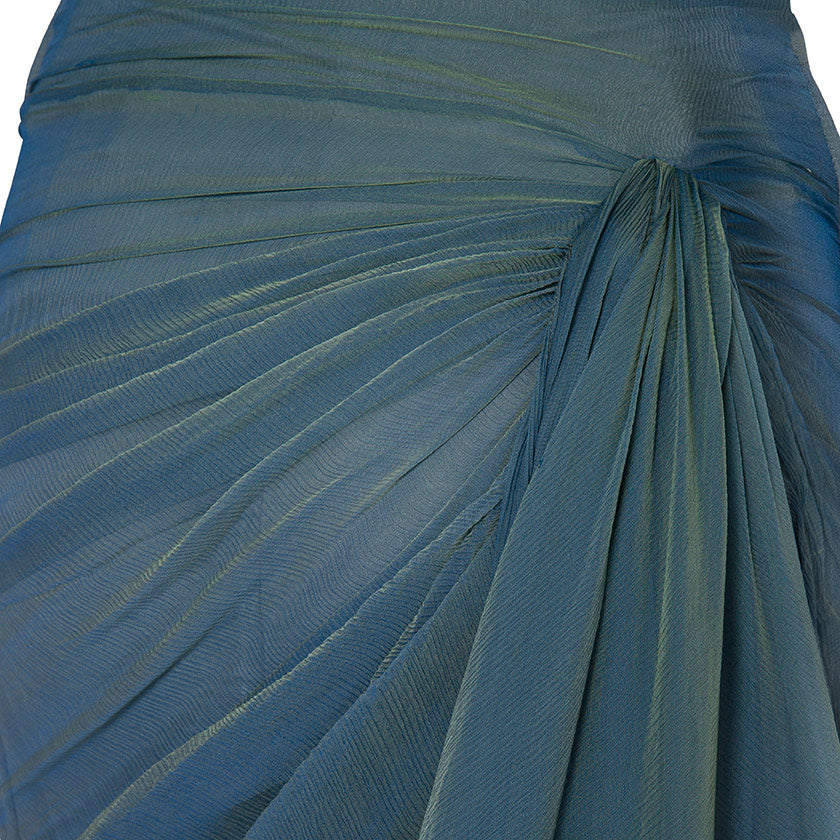 OFF-SHOULDER DRAPED SILKY CHIFFON GOWN WITH SIDE TAIL