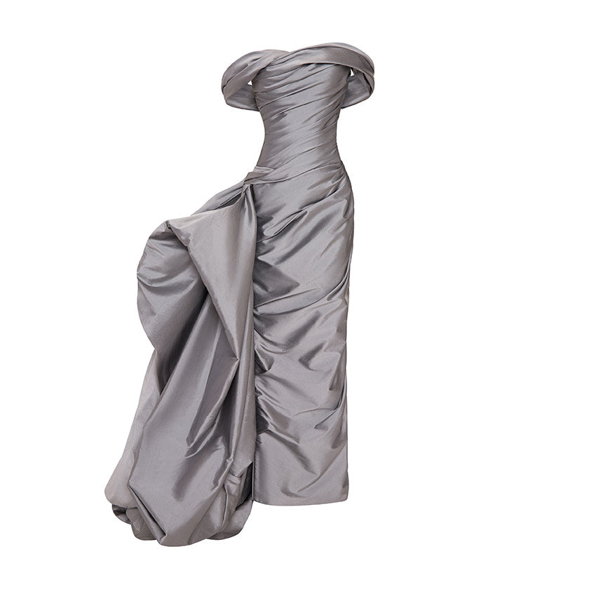 DRAPED TAFFETA WITH SIDE TAIL GOWN