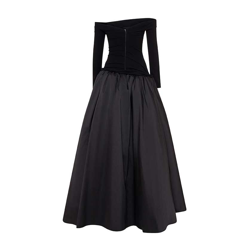 SLEEVED OFF-SHOULDER CREPE AND TAFFETA GOWN