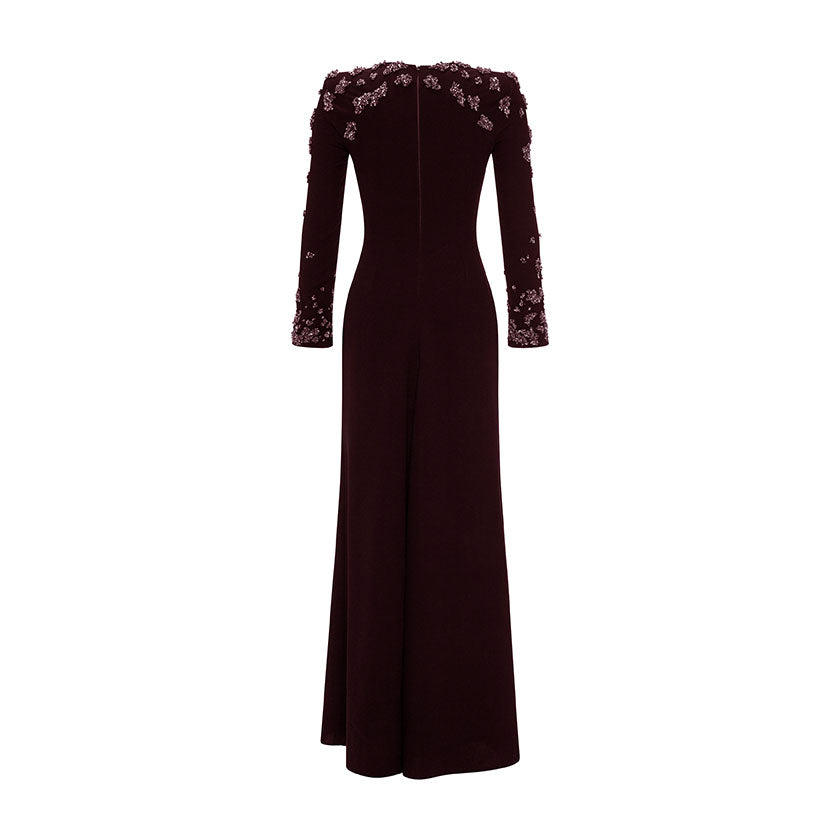 LONG -SLEEVE CREPE GOWN WITH EMBODIED SHOULDER AND SLEEVE