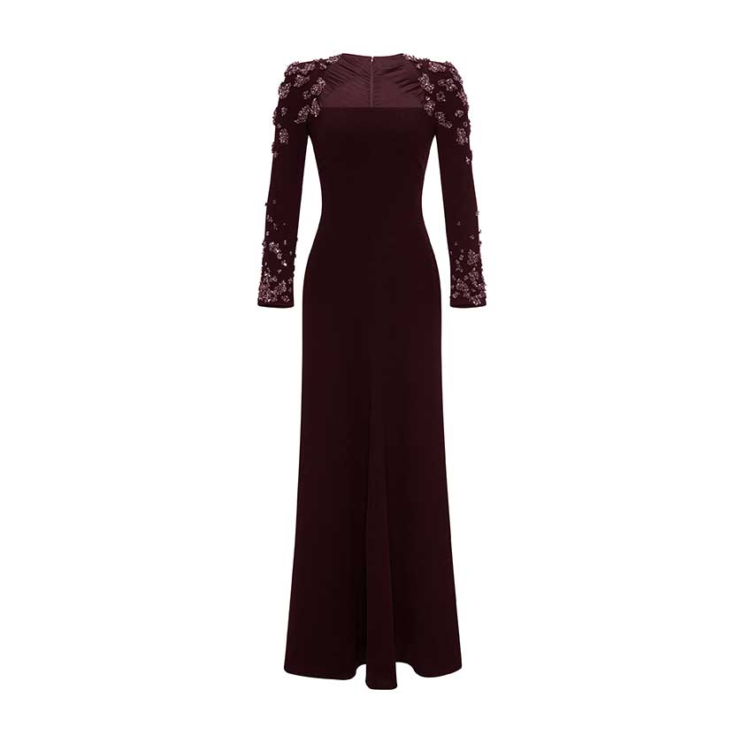 LONG -SLEEVE CREPE GOWN WITH EMBODIED SHOULDER AND SLEEVE