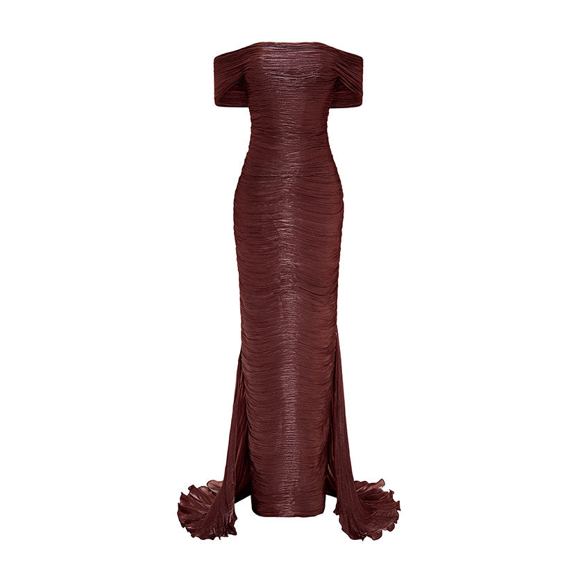 HAND PLEATED SILK WITH TAIL GOWN
