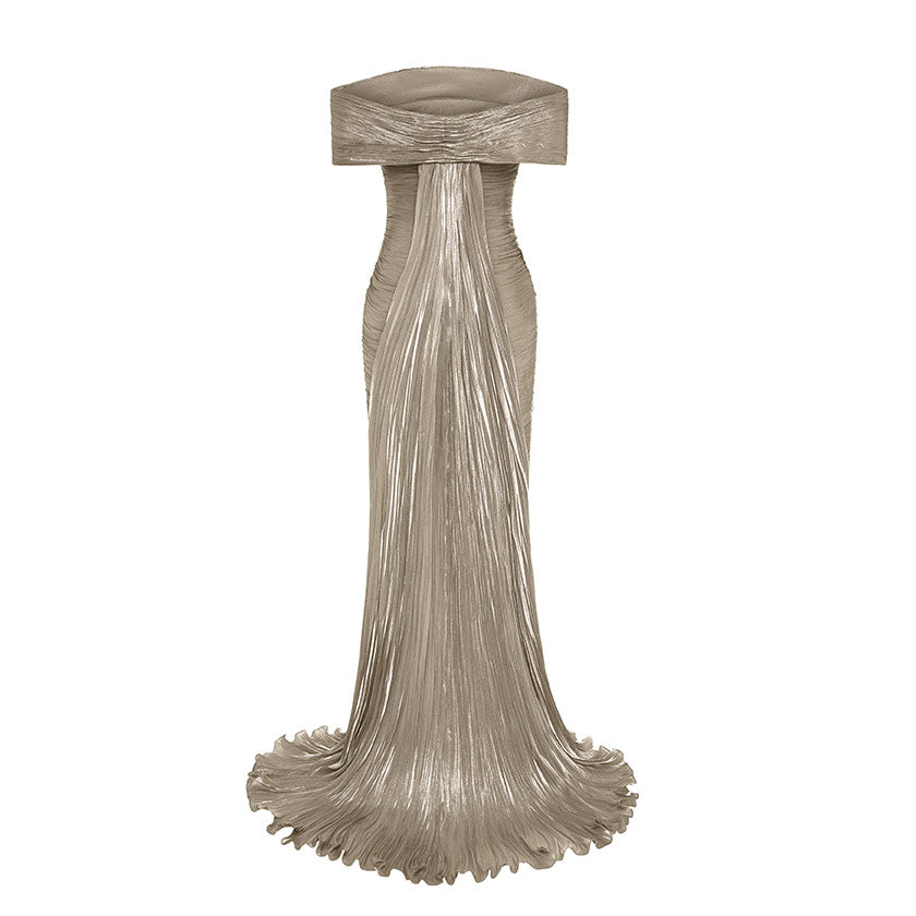 HAND PLEATED SILK WITH TAIL GOWN