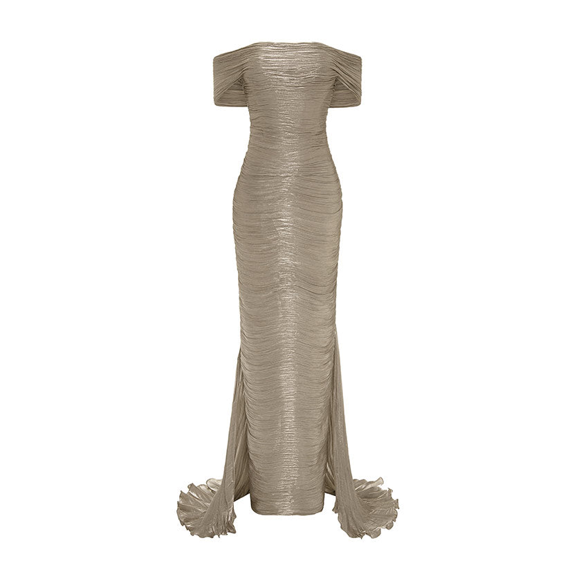 HAND PLEATED SILK WITH TAIL GOWN