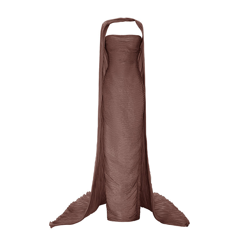 RUCHED STRAPLESS SILK GOWN WITH CAPE