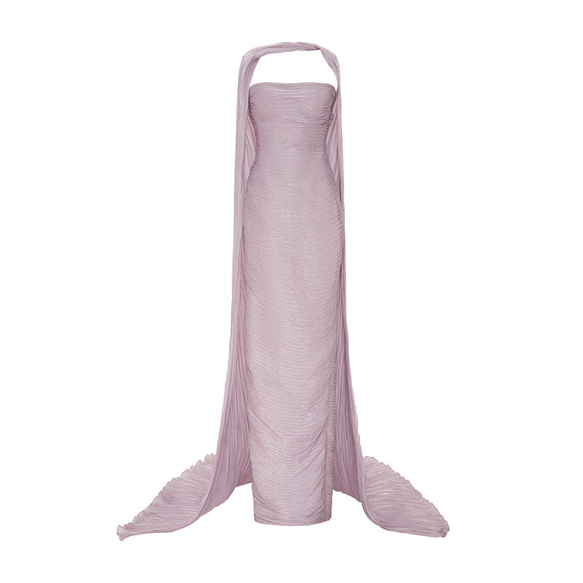 RUCHED STRAPLESS SILK GOWN WITH CAPE