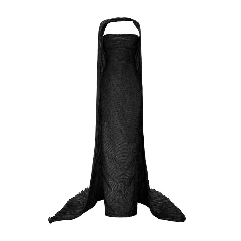 RUCHED STRAPLESS SILK GOWN WITH CAPE