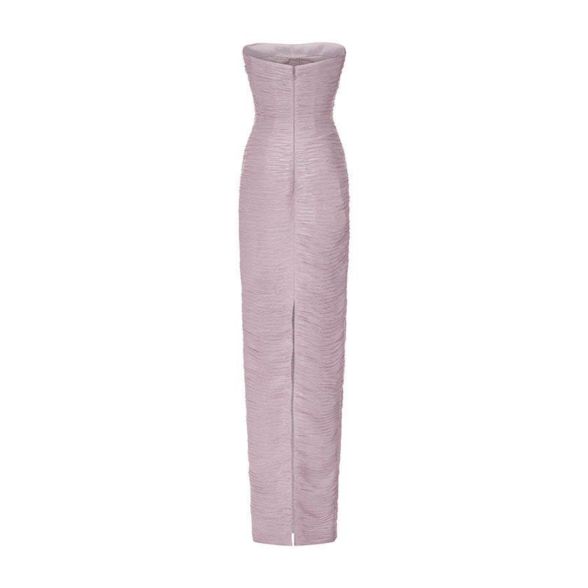 RUCHED STRAPLESS SILK GOWN WITH CAPE