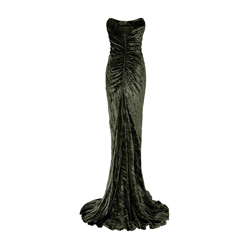 STRAPLESS DRAPED VELVET GOWN WITH BACK TAIL