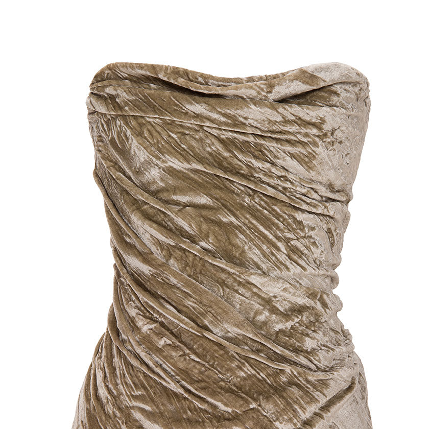 STRAPLESS DRAPED VELVET GOWN WITH BACK TAIL