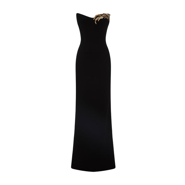 STRAPLESS CREPE DRESS WITH GOLD EMBROIDERED ON BUST – MARMAR HALIM