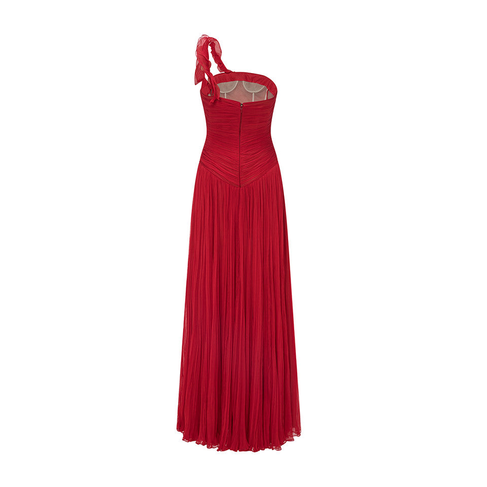 ONE SHOULDER CHIFFON GEORGETE PLEATED A-LINE CUT DRESS