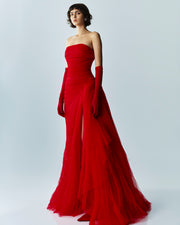 Side Tail Pleated Tulle Gown