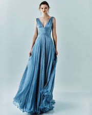 Pleated Silk V-Neck Dress with Lettuce Hem