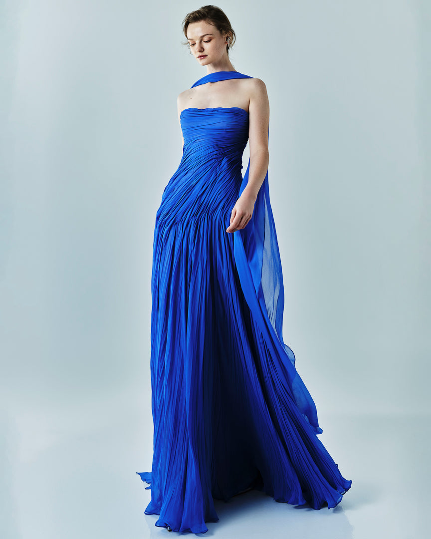 Strapless Hand Pleated Silk Gown