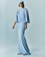 Floral Appliqued Crepe Cape Gown