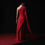 Load image into Gallery viewer, One shoulder cape-like sleeve  Crepe gown
