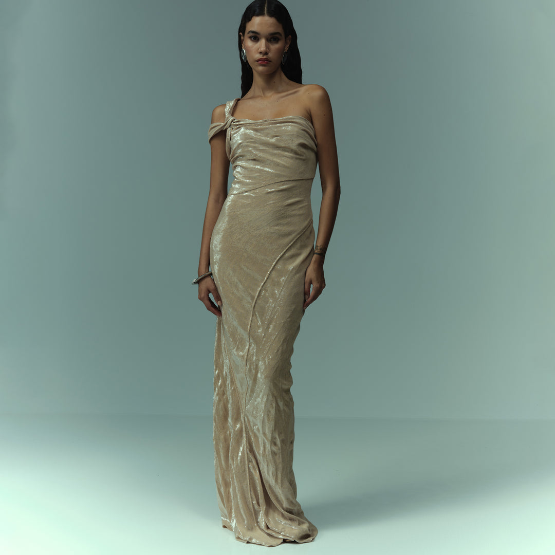 Hand pleated draped payette gown