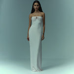 Load image into Gallery viewer, Strapless Crepe gown with ruched bust and a bow
