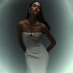 Load image into Gallery viewer, Strapless Crepe gown with ruched bust and a bow
