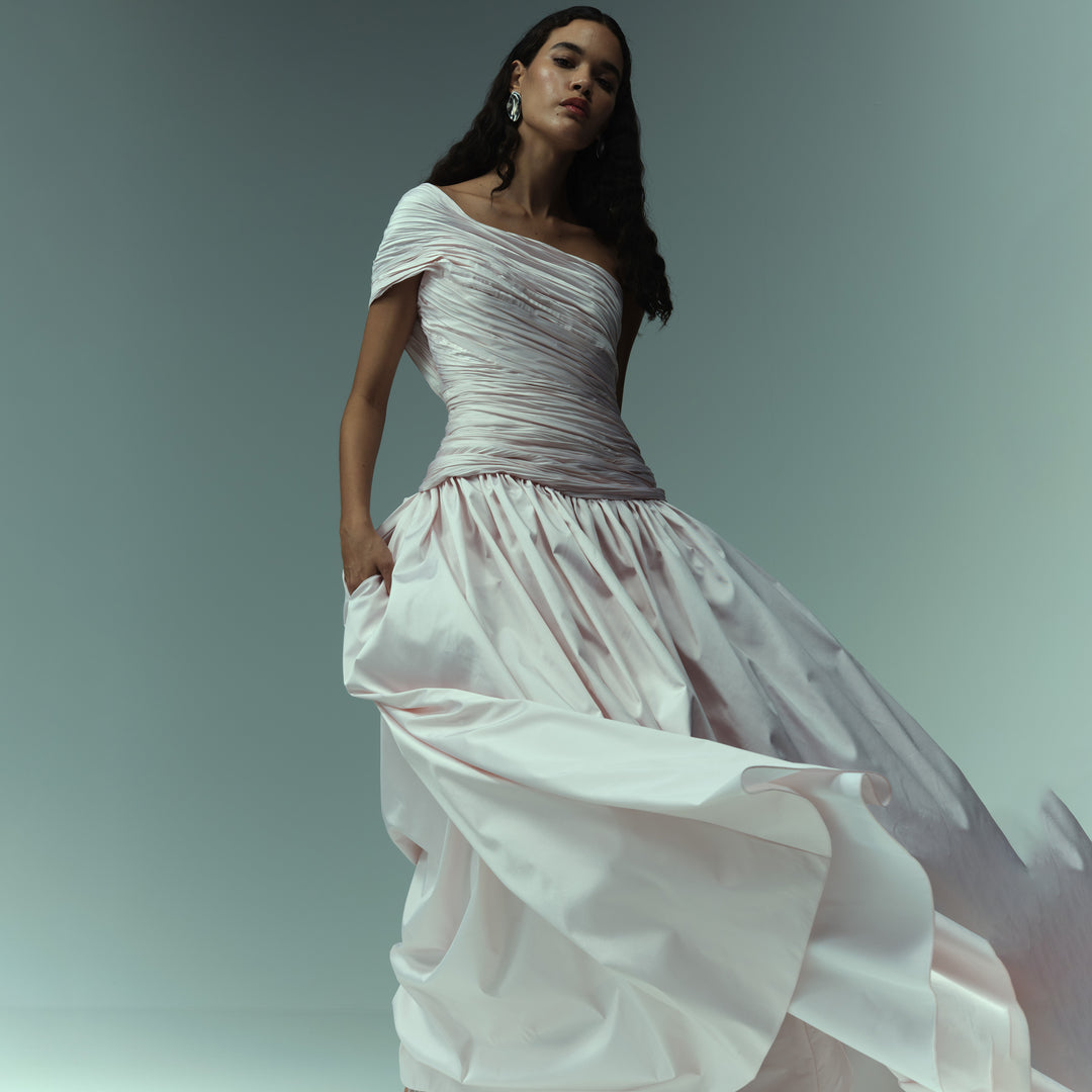 Hand pleated, one shoulder draped top Tafeta gown