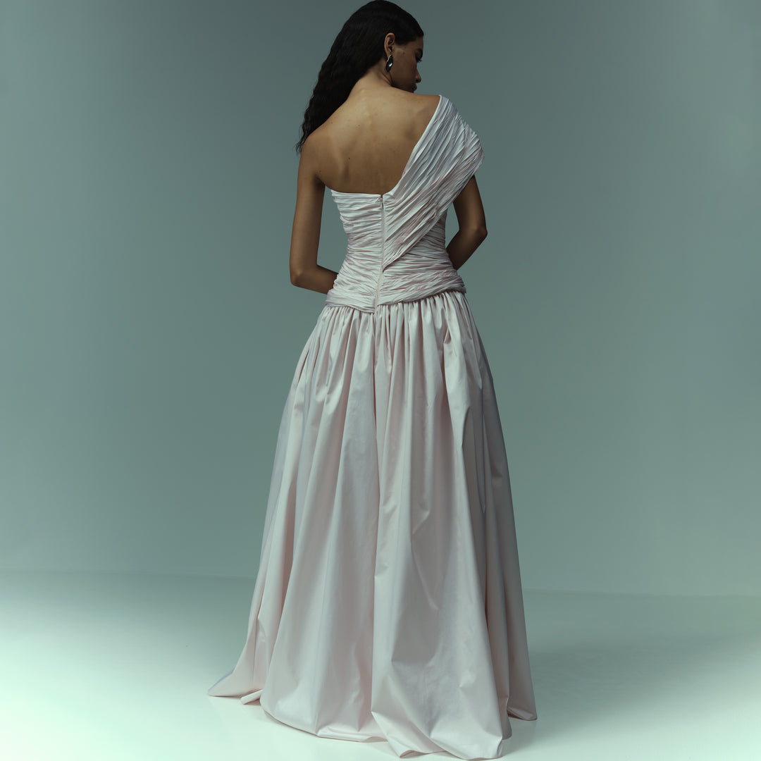 Hand pleated, one shoulder draped top Tafeta gown