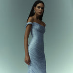 Load image into Gallery viewer, Off shoulder, hand pleated draped Satin-like gown with soft wires on top
