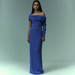 Load image into Gallery viewer, Assymetrical dropped shoulder draped crepe gown
