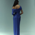 Load image into Gallery viewer, Assymetrical dropped shoulder draped crepe gown
