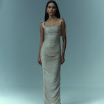 Load image into Gallery viewer, Hand pleated draped satin-like gown with bow straps
