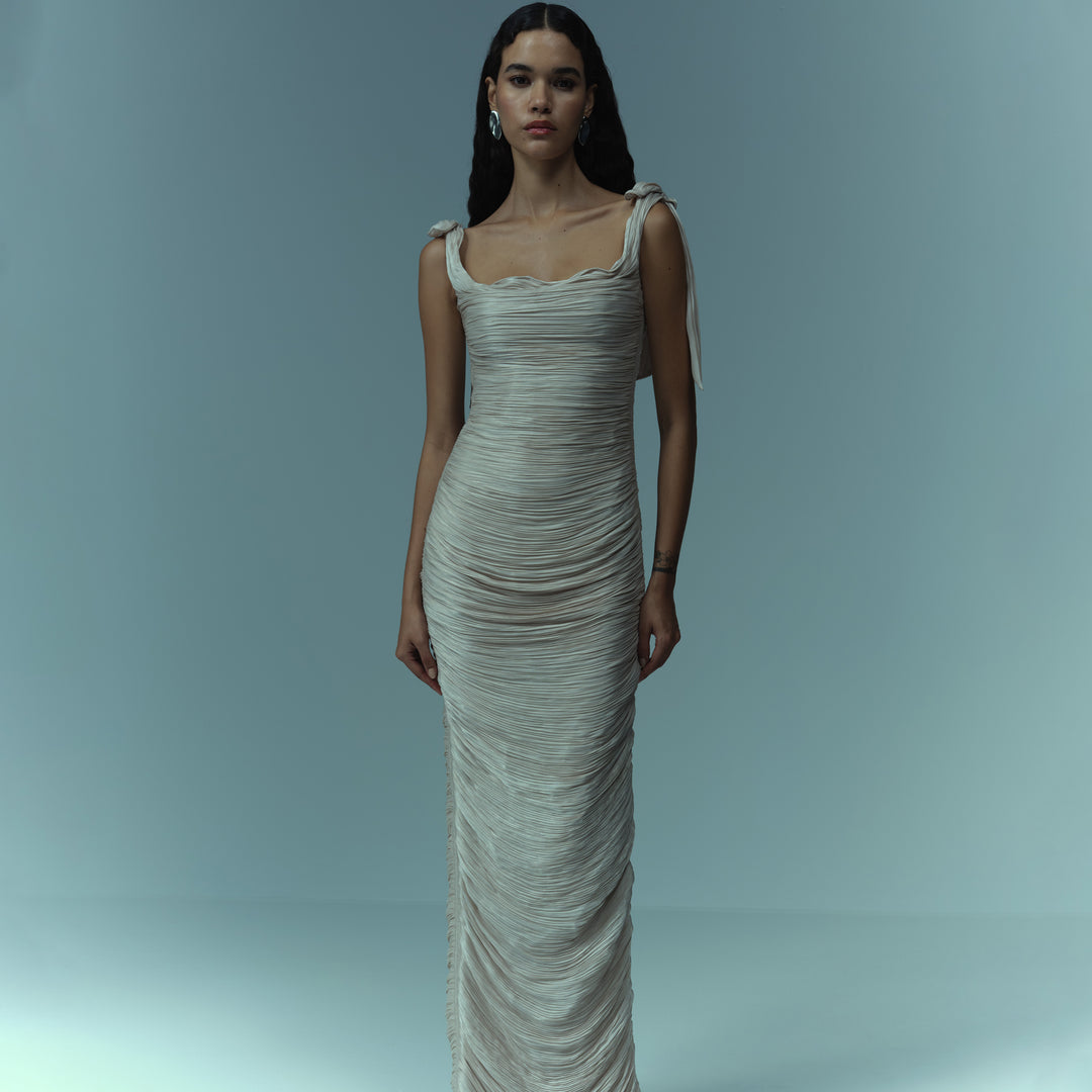 Hand pleated draped satin-like gown with bow straps