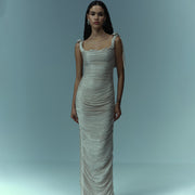 Hand-Pleated Draped Satin Dress with Bow Straps