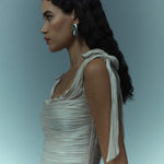 Load image into Gallery viewer, Hand pleated draped satin-like gown with bow straps
